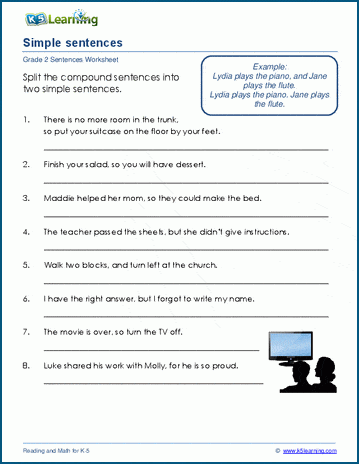 Grade 2 grammar worksheet on rewriting compound sentences as 2 simple sentences