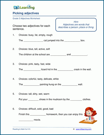 Grade 2 grammar worksheet on choosing adjectives
