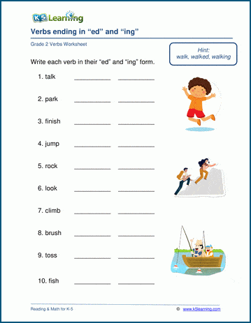 Grade 2 grammar worksheet on verbs ending in ed or ing