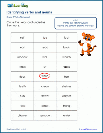 Grade 2 grammar worksheet on identifying verbs and nouns