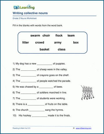 Grade 2 grammar worksheet on writing collective nouns