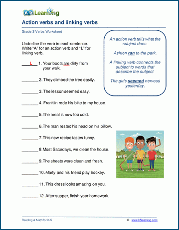 Grade 3 grammar worksheet on action verbs and linking verbs