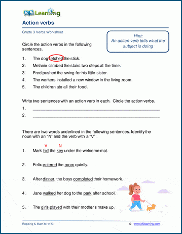 Grade 3 grammar worksheet on action verbs