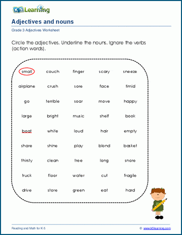 Grade 3 grammar worksheet on adjectives and nouns