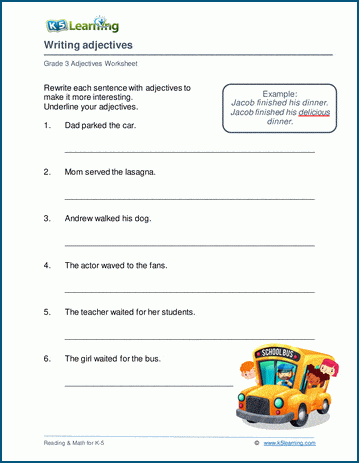 grade 3 adjectives worksheets k5 learning