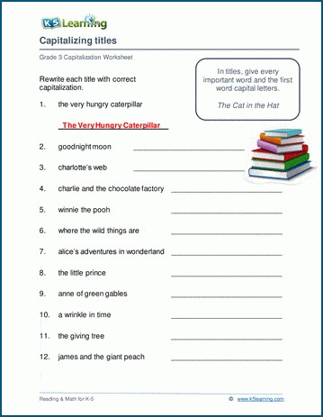 Grade 3 grammar worksheet on capitalizing titles