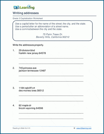 Grade 3 grammar worksheet on capitalizing addresses