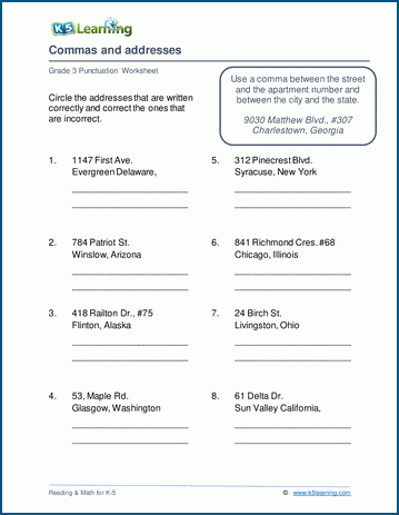 Grade 3 commas and addresses worksheet