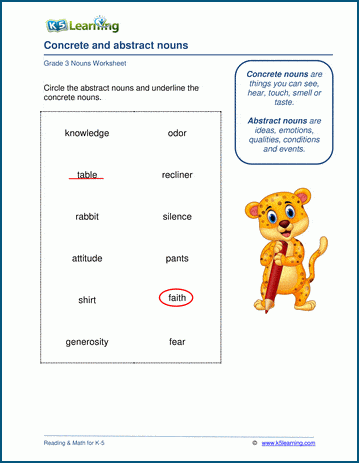 Grade 3 grammar worksheet on concrete and abstract nouns