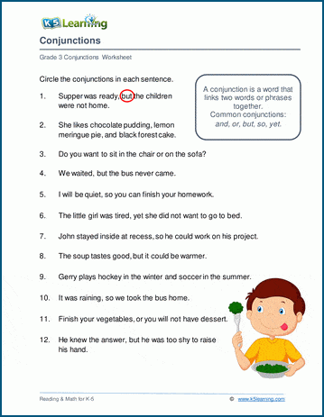 Grade 3 grammar worksheet on identifying conjunctions