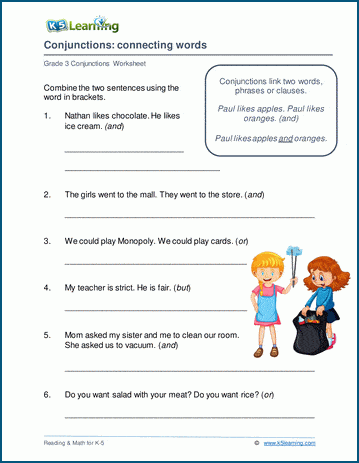 Grade 3 conjunctions worksheet on connecting words with and, but, or
