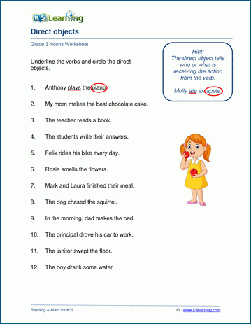 Grade 3 grammar worksheet on nouns as direct objects