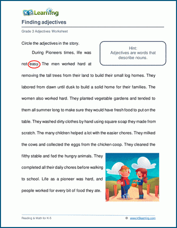 Grade 3 adjectives worksheet on identifying adjectives in a longer text