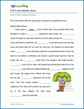 Grade 3 grammar worksheet on completing a story with nouns, adjectives and verbs