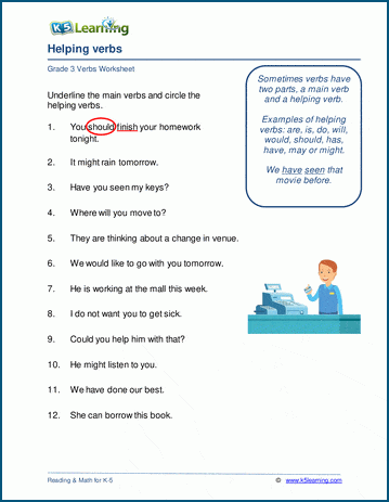 Grade 3 worksheet on helping verbs
