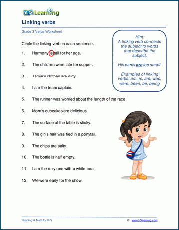 Grade 3 grammar worksheet on linking verbs