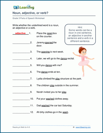 Grade 3 grammar worksheet on nouns, adjectives and verbs