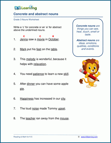 Concrete and abstract nouns worksheets | K5 Learning