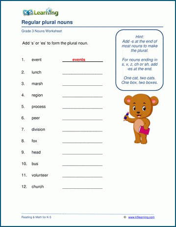 Grade 3 grammar worksheet on regular plural nouns
