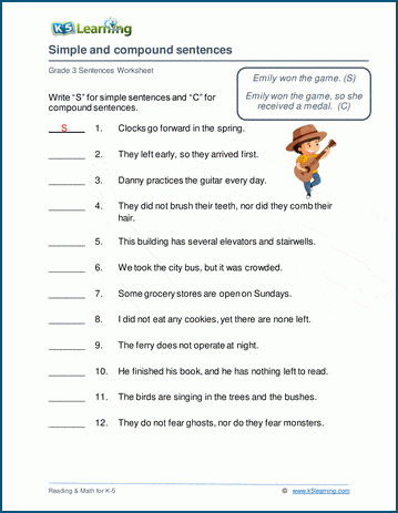 Grammar worksheet on simple and compound sentences