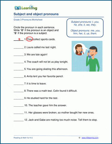 Grammar worksheet on subject and objecct pronouns