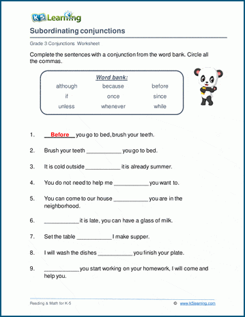 Subordinating conjunctions worksheets