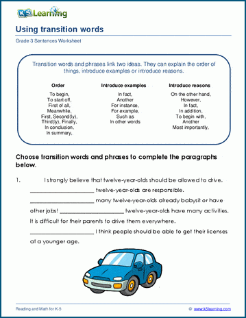 Transition words worksheets | K5 Learning
