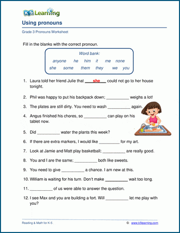 Grade 3 grammar worksheet on selecting and using pronouns