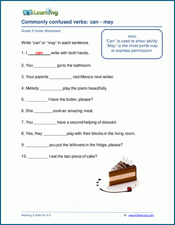 Grade 3 grammar worksheet on confusing verbs may and can