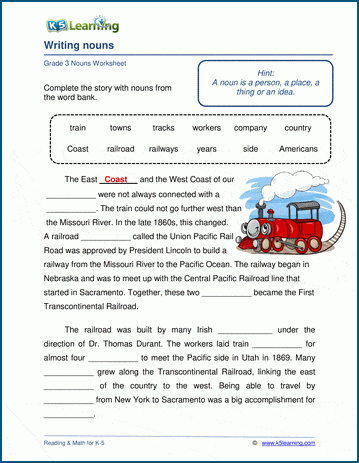 Grade 3 grammar worksheet on writing nouns