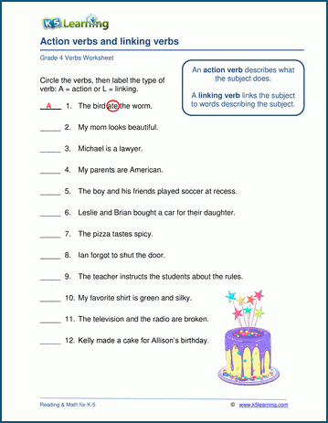 Grade 4 grammar worksheet on linking verbs