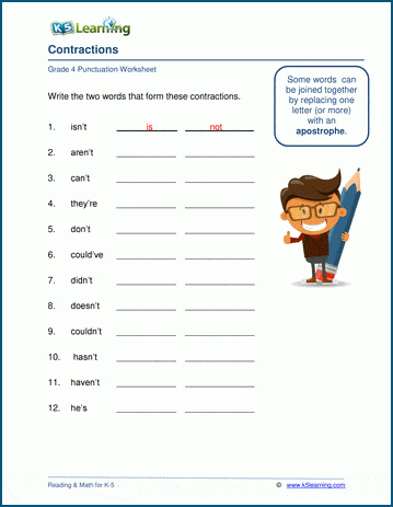 Contractions worksheets for grade 4.