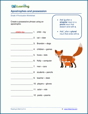Apostrophes and possession worksheets for grade 4.