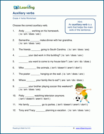 Grade 4 grammar worksheet on auxiliary verbs
