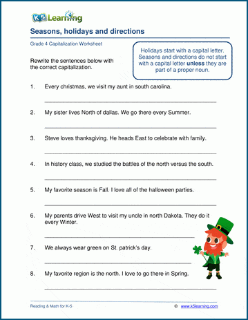 Grammar worksheet on capitalization of seasons, holidays and directions.