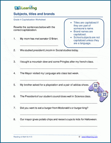 Grammar worksheet on capital letters and subjects, titles, brands and proper adjectives.
