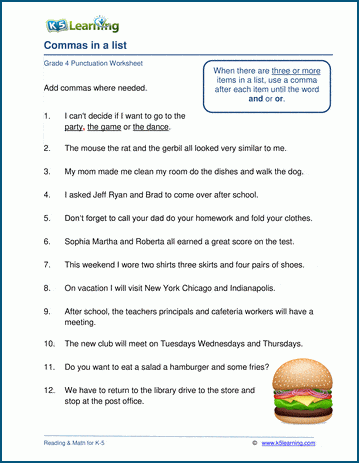 Grammar worksheet on using commas to seperate items in a list or series.