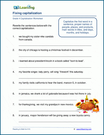 Grammar worksheet on fixing capitalization mistakes.