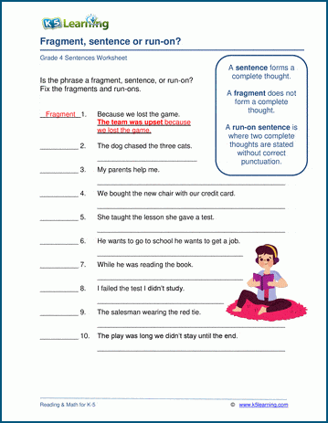 Grammar worksheet on sentence fragments, run-on setnences and full sentences.