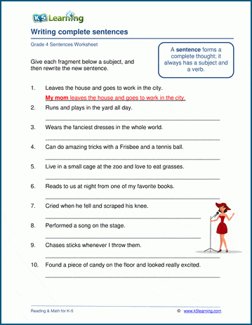 Grammar worksheet on changing sentence fragments into full sentences.