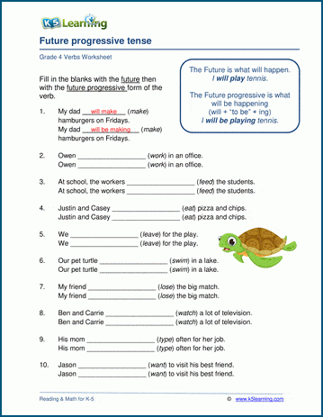 Grade 4 grammar worksheet on the future progressive tense