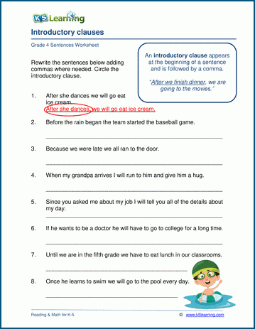 Grammar worksheet on introductory clauses.