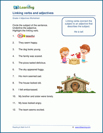 Grammar worksheet on adjectives with linking verbs.