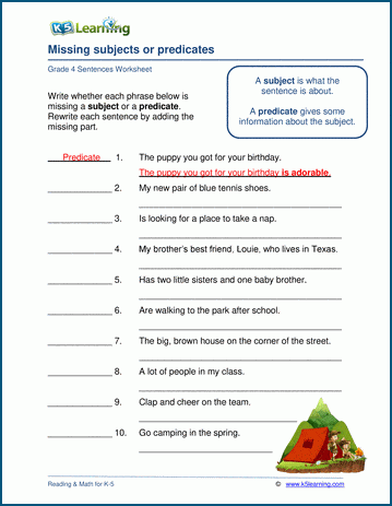 Grammar worksheet on missing subjects and predicates.