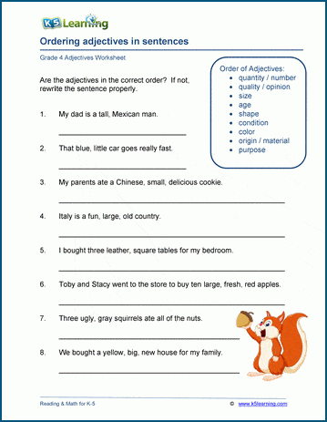 Grammar worksheet on using the correct order of adjectives.