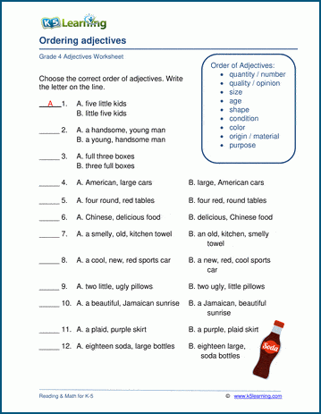 Grammar worksheet on ordering adjectives.