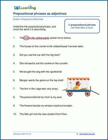 Grammar worksheet on prepositional phrases as adjectives.