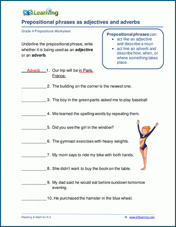 Grammar worksheet on prepositional phrases as adjectives or adverbs.