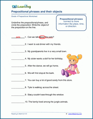 Prepositions & objects worksheets | K5 Learning