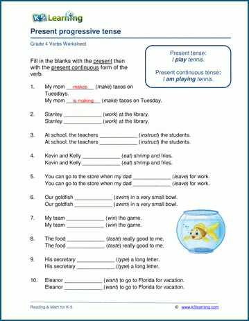 Grade 4 grammar worksheet on the present progressive tense
